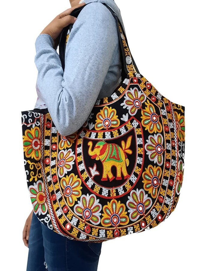Surva Cart Handicraft Elephant Embroidery Boho Bag/Banjara Shoulder Bag/Tote Shoulder Handbag | SBP-70 | Black - Image 3